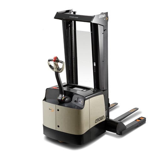 Compact Electric Walkie Stacker Forklift with Ergonomic Handle and Safety Guardrails