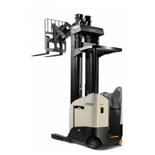 Crown Electric Reach Forklift with Extended Mast and Operator Platform