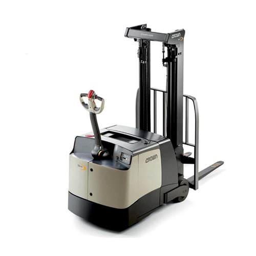 An image of a forklift on a white background, emphasizing its structure and functionality.