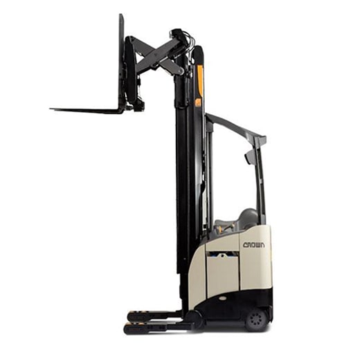 side profile view showing the vehicle's overall design, including the mast, forks, and operator compartmen