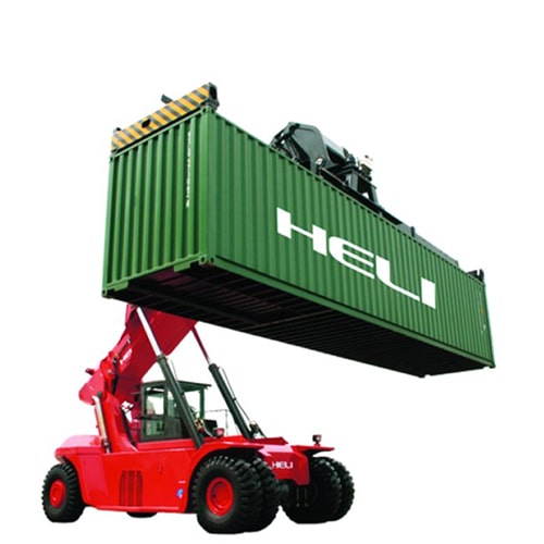 45T Reach Stacker forklift truck elevating a cargo container for transport in a logistics facility.