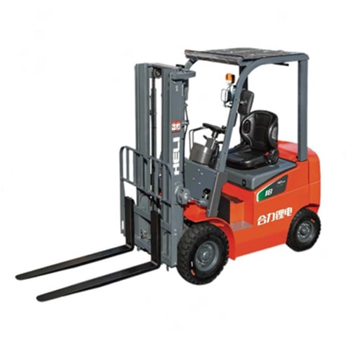 forklift truck positioned on a plain white background, showcasing its design and features