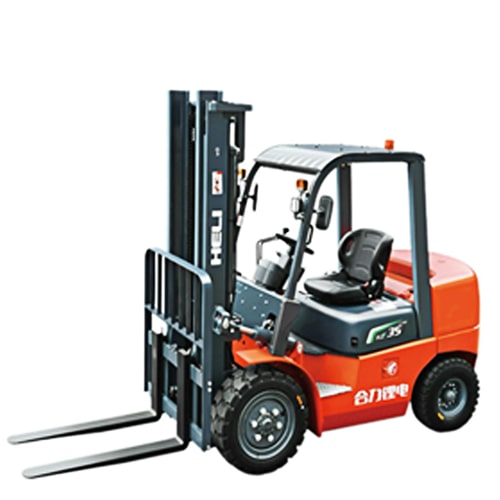 forklift in predominantly orange/red with gray/dark gray parts, including the mast, the front forks, and the driver's compartment.