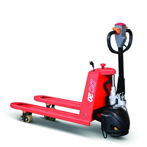 Forklift with a red and black handle for lifting and transporting materials.