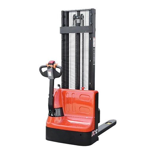 Electric Stacker Truck (CDD12J/ CDD12JD) tall lifting mast, two short forks red and black handle, designed for material handling in an industrial environment