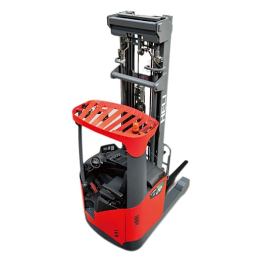G2 1.6-2T tall reach truck A red and black forklift displayed against a clean white background, highlighting its features and colors.
