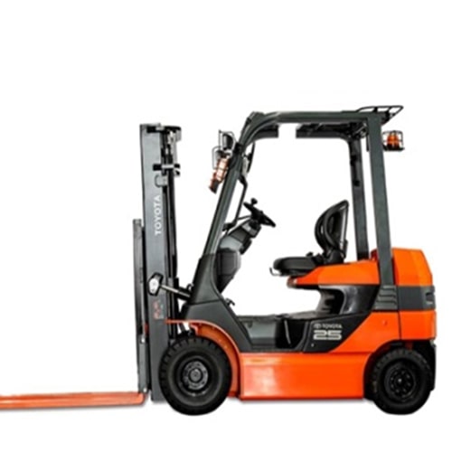 forklift positioned on a white background, showcasing its industrial design and purpose