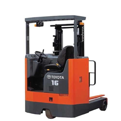 A Toyota-branded forklift truck is positioned in a storage space, highlighting its industrial use.